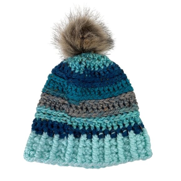 Air Force Mom Pom Beanie Adult Blue Gray Crochet Chunky Knit Warm Winter Cap - Picture 8 of 10